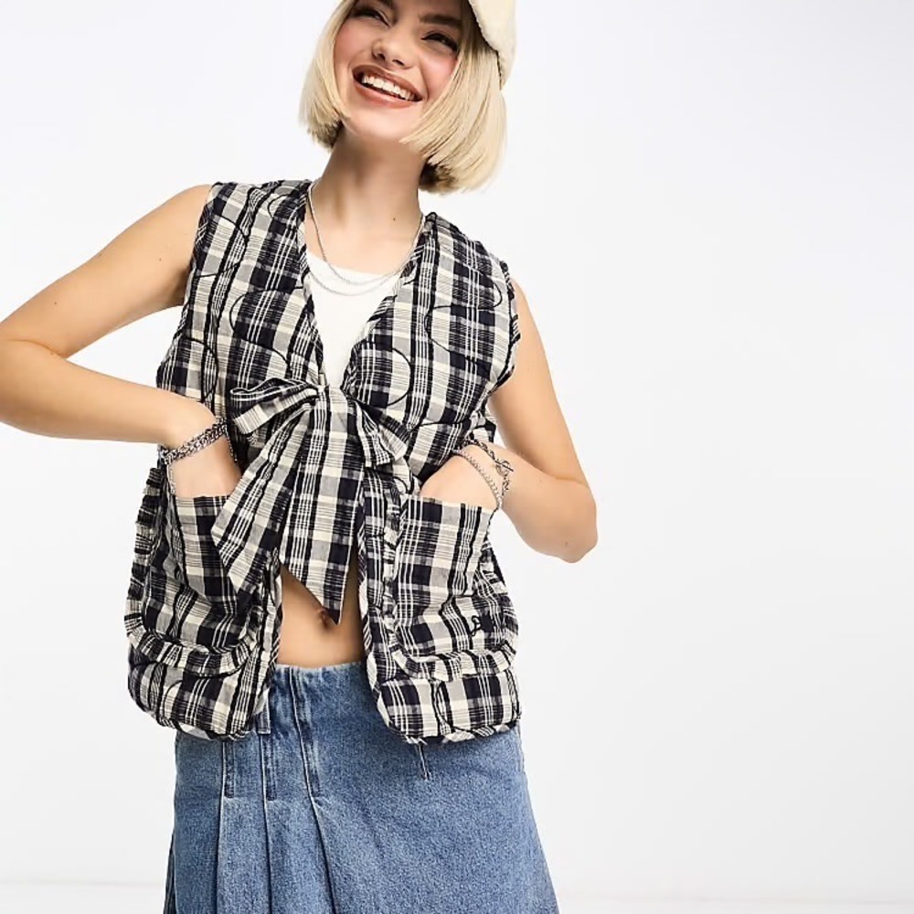 Damson Madder Arte Tie Gilet Vest Black Cream Plaid Quilted Ruffle Pockets 10